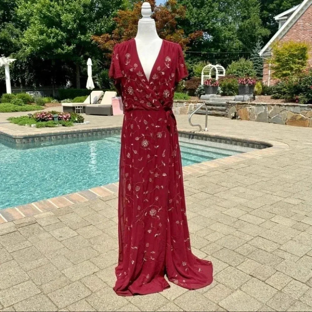 NWT Anthropologie BHLDN Plymouth Beaded Formal Maxi Dress Red 6